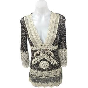 Passion Concept Multicolor Leopard Print Lace Jeweled Long Sleeve Mini Dress S
